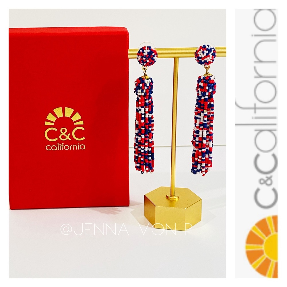 C & C California Beaded Tassel Earrings Red White Blue